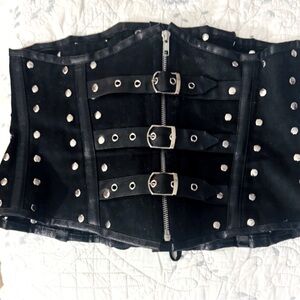 High Quality Black Buckle up & Zip down Corset with real leather trim